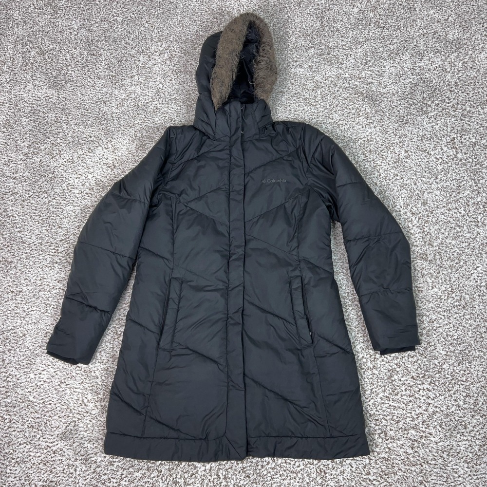 Columbia Coat Womens Medium Black Long Hooded Faux Fur Quilted Puffer Insulated